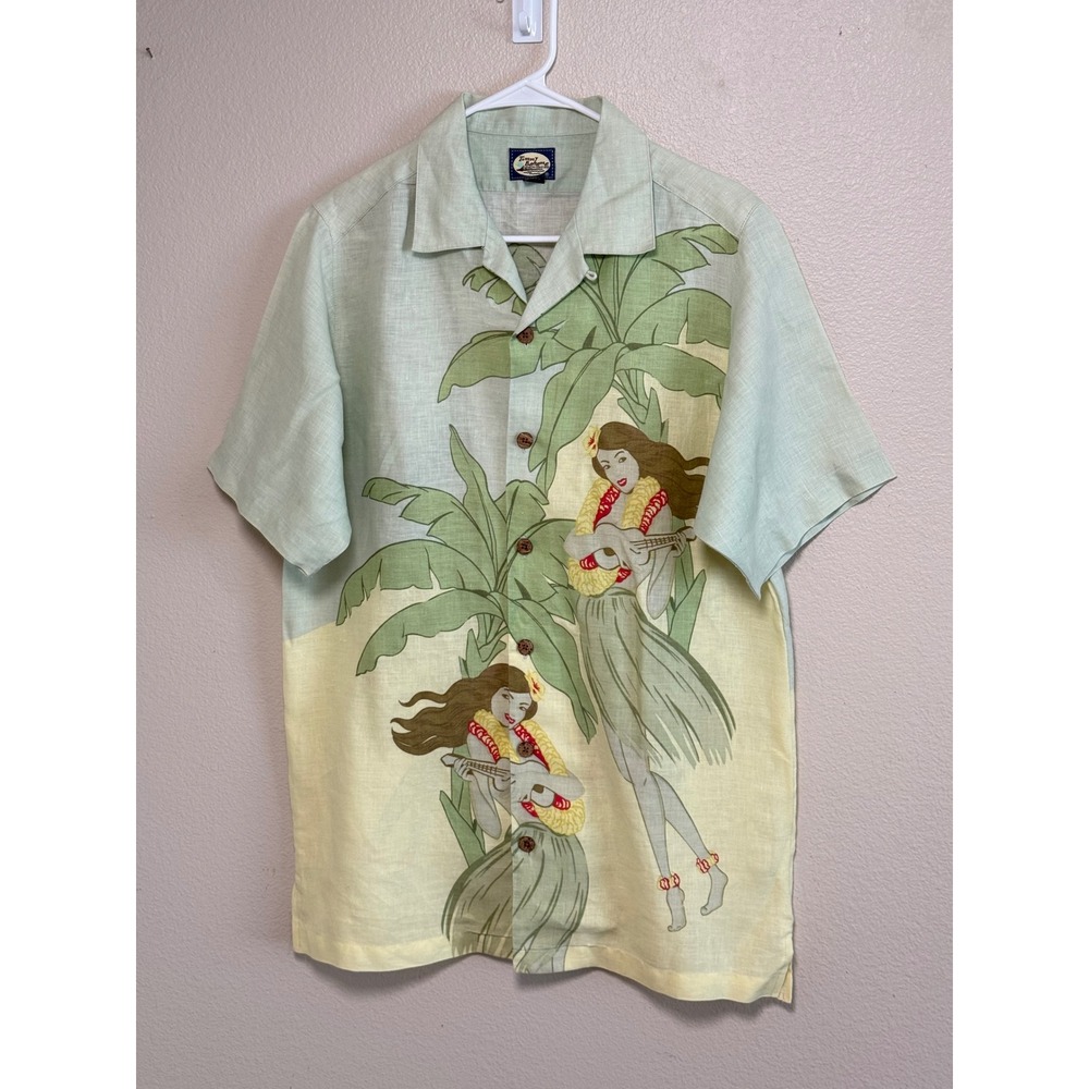 Tommy Bahama Mens M Linen Hula Girl Ukulele Palm Tree Hawaiian Camp Shirt Green